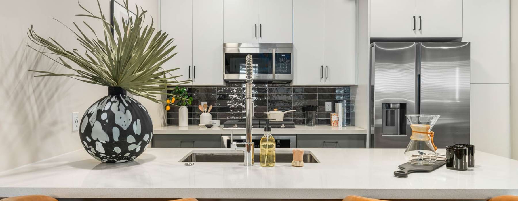 a kitchen with a plant on a counter