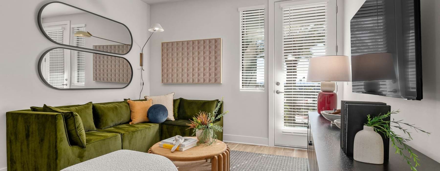 Modern living room at Market & Main new apartments in Phoenix