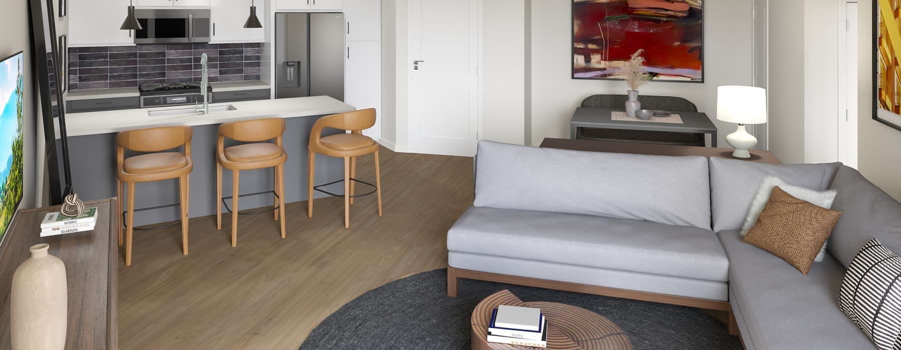 Open-concept kitchen and living room at Broadstone 7th Street apartments in Phoenix